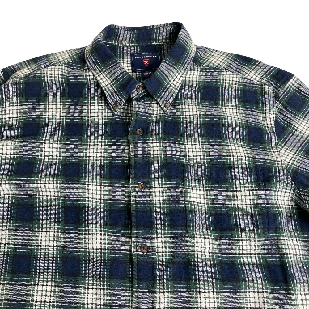 Saddlebred Flannel Shirt Mens XL Green Blue Plaid Cotton Button Down Long Sleeve